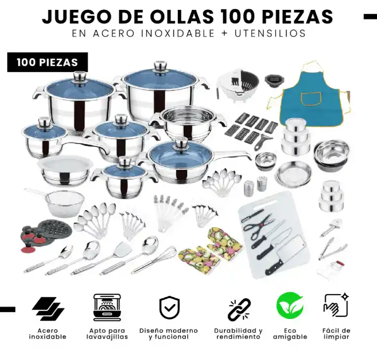 Juego De Ollas 100 Piezas Acero Quirúrgico Inoxidable Utensilios Cocina Infaltables Cook Ware