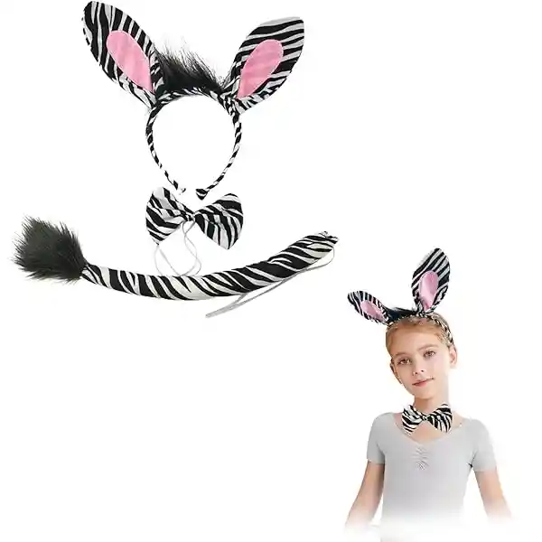 Kit Disfraz Cebra Con Lazo + Cola + Orejas Halloween Niños