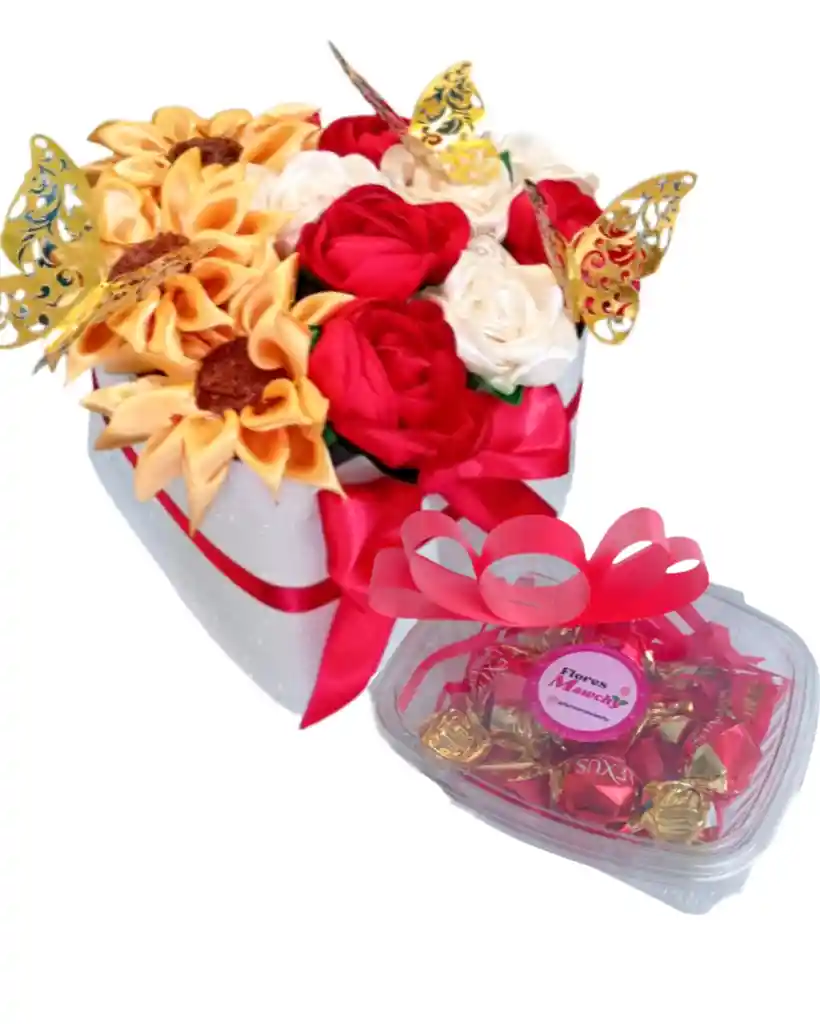 Rosas Y Girasoles , En Caja Corazon Con Chocolates