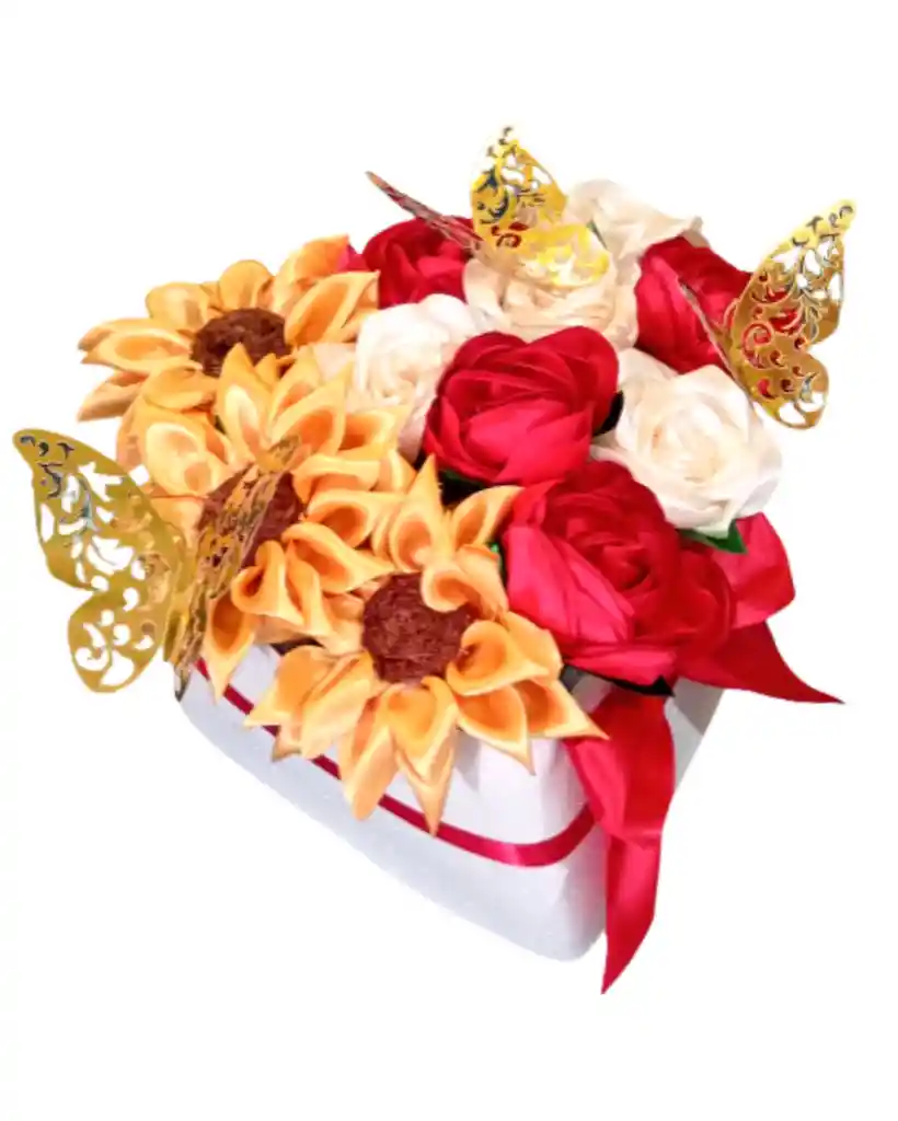 Rosas Y Girasoles , En Caja Corazon Con Chocolates