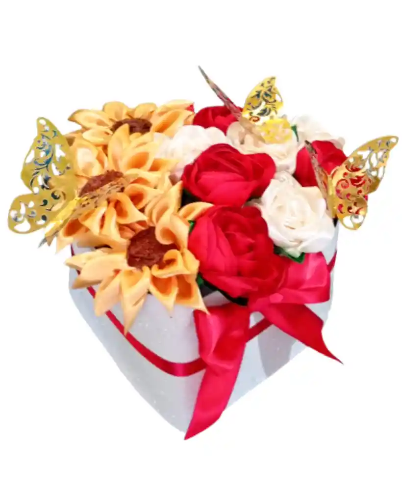 Rosas Y Girasoles En Caja Corazon