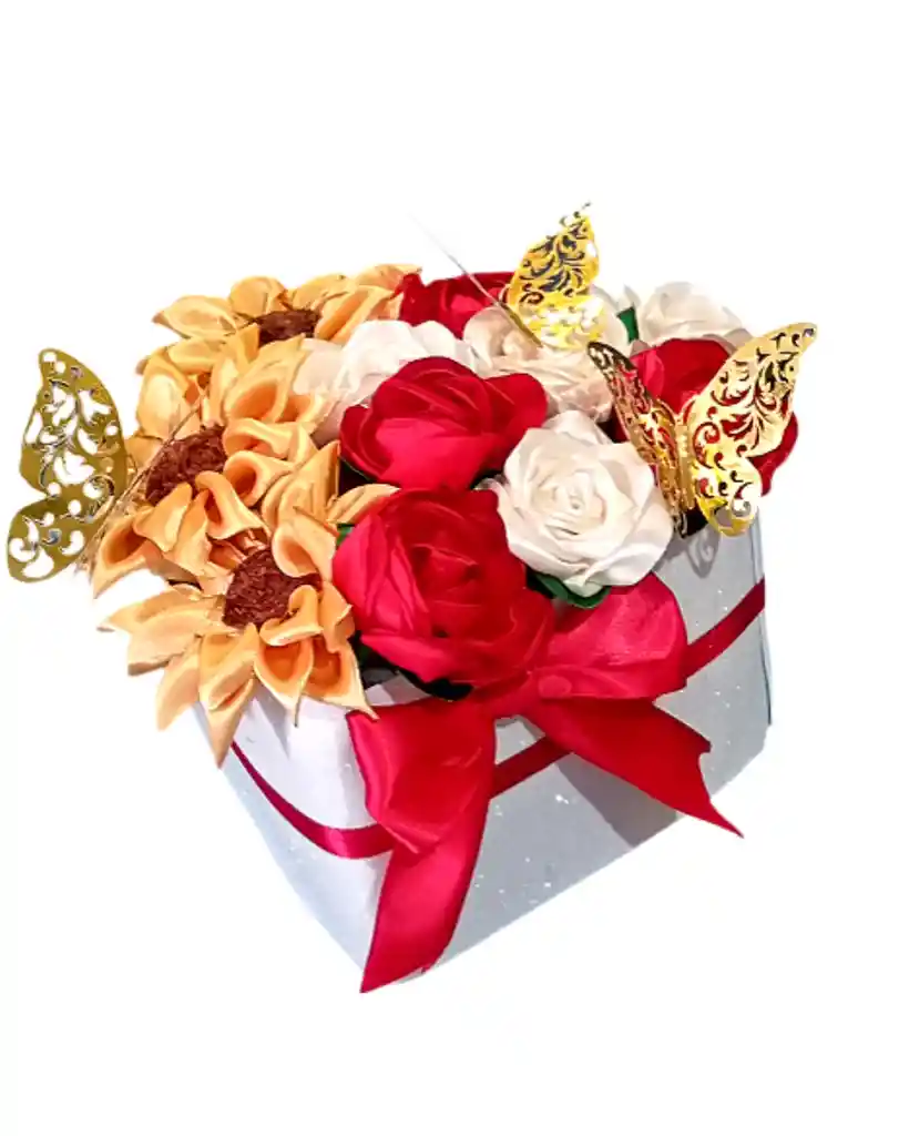 Rosas Y Girasoles En Caja Corazon