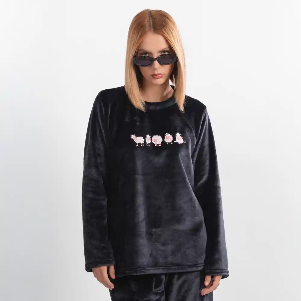 Pijama Térmica Bordada De Ovejas. Talla M Negro
