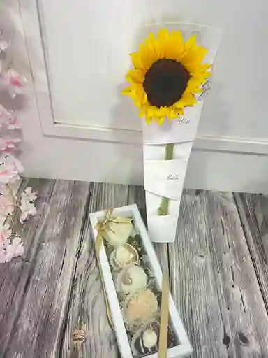 Combo Cono Solitario Encanto De Girasol Y Caja Con Fresas Y Rellenos