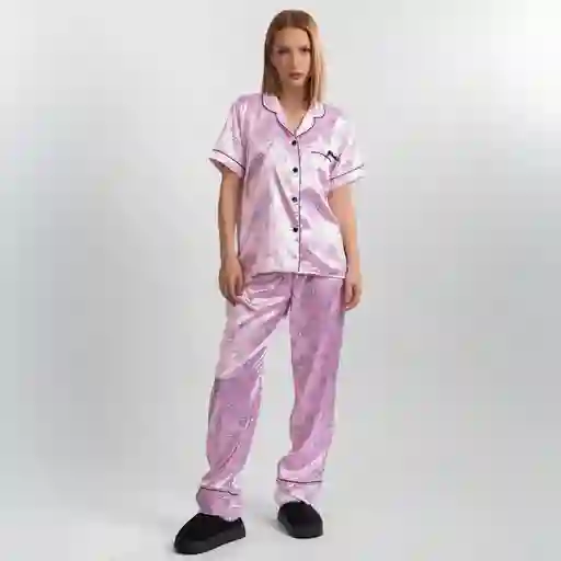 Pijama Tres Pieza Satinada De Gatos, Talla S