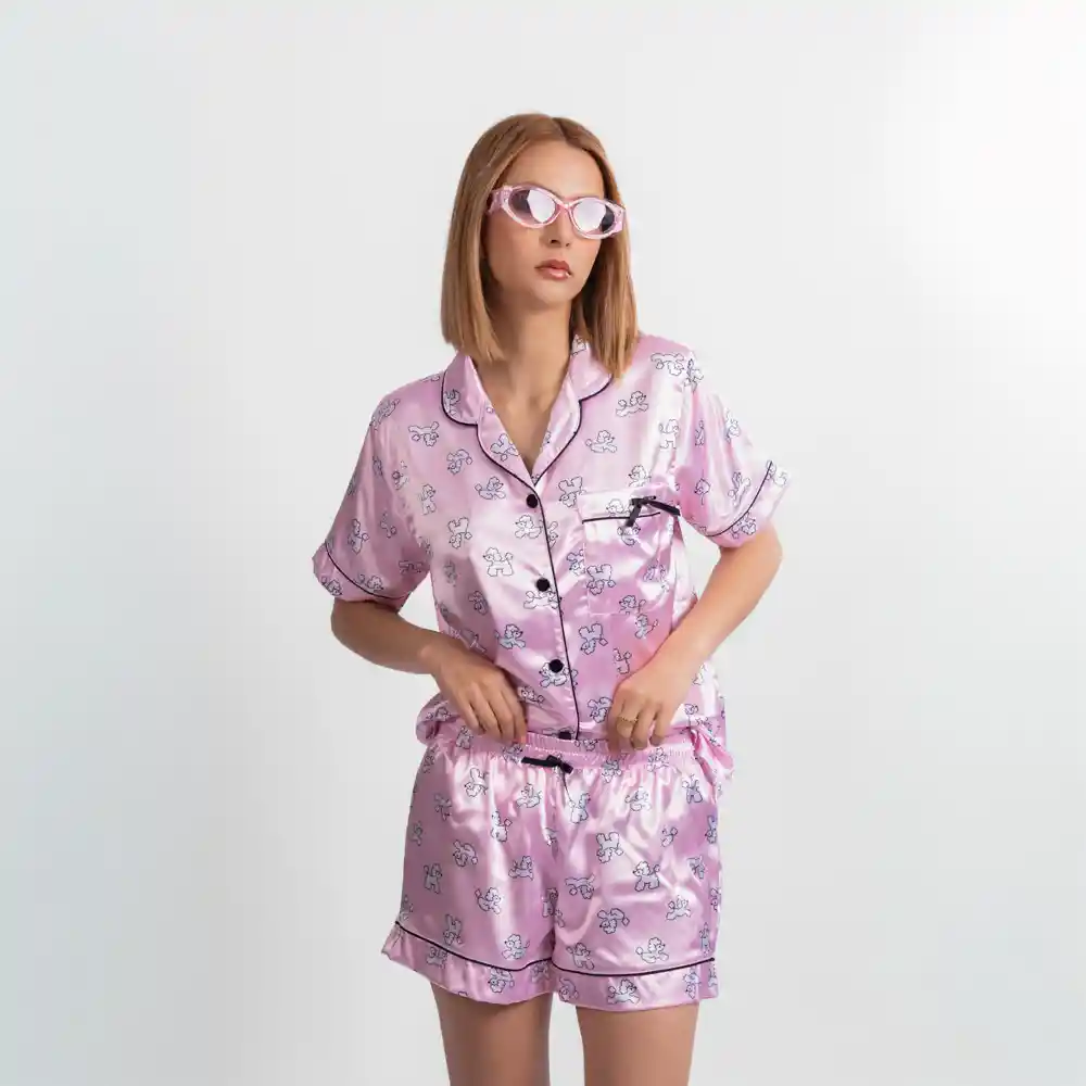 Pijama Tres Pieza Satinada De Gatos, Talla S