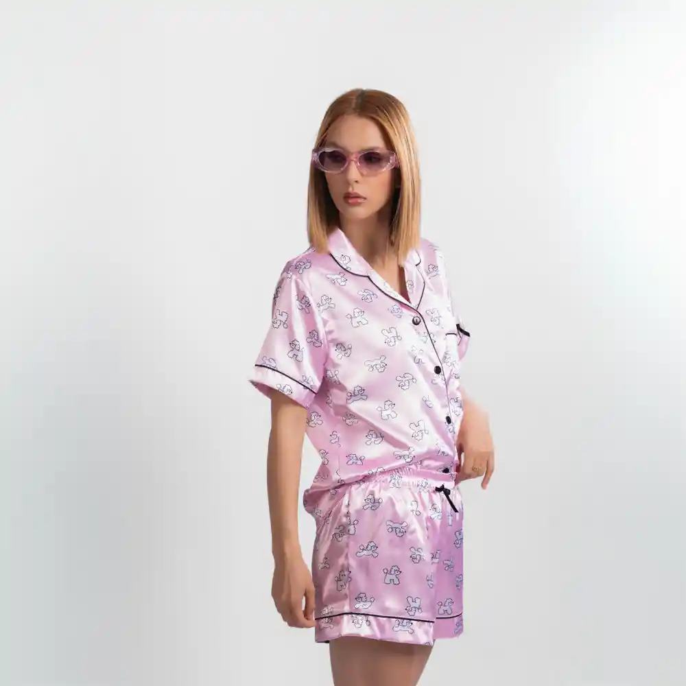 Pijama Tres Pieza Satinada De Gatos, Talla M
