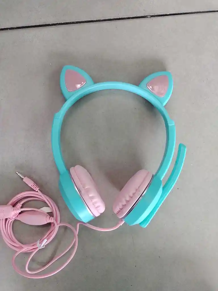 Audífonos Diadema Con Cable Con Diseño De Gato Verde Turquesa