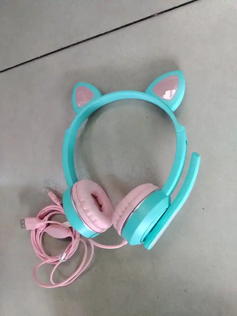 Audífonos Diadema Con Cable Con Diseño De Gato Verde Turquesa