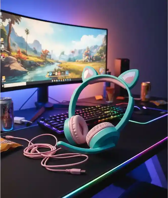 Audífonos Diadema Con Cable Con Diseño De Gato Verde Turquesa
