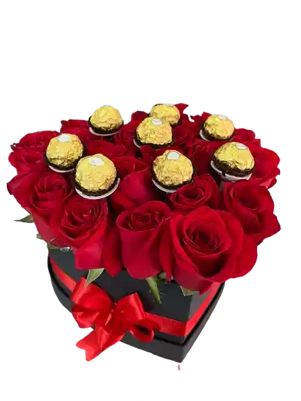 Flores Rosas Y Ferrero Caja Corazón