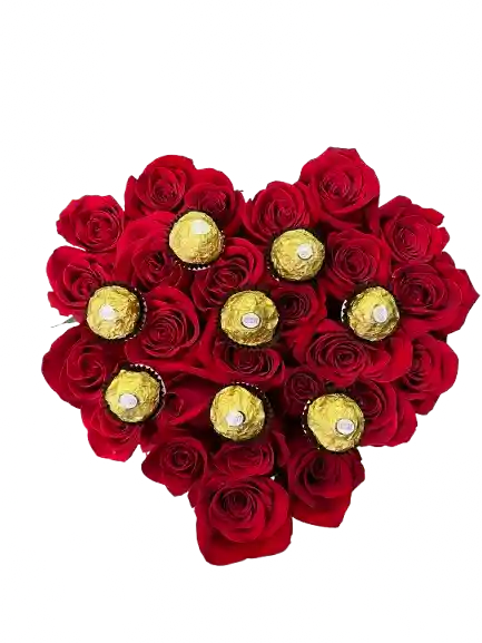 Flores Rosas Y Ferrero Caja Corazón
