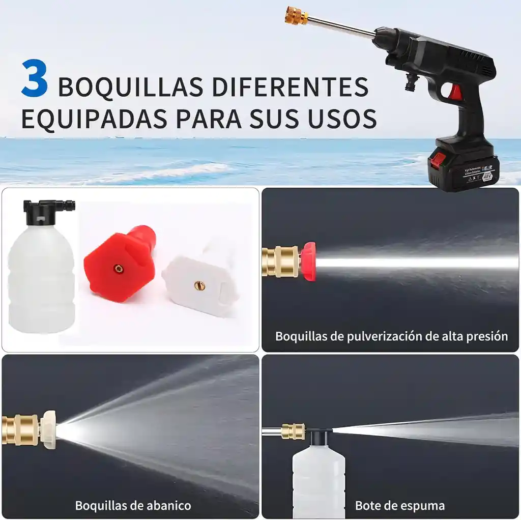 Hidrolavadora A Presion Inalámbrica Portatil, 2 Baterias 48v Recargables, 3 Boquillas, Manguera