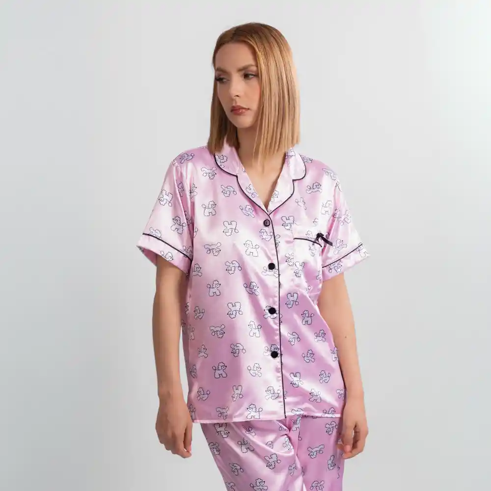 Pijama Tres Pieza Satinada De Perritos, Talla S