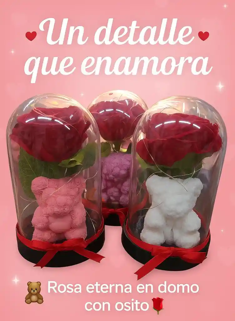 ✨ Rosa Eterna Con Osito En Domo De Lujo ✨