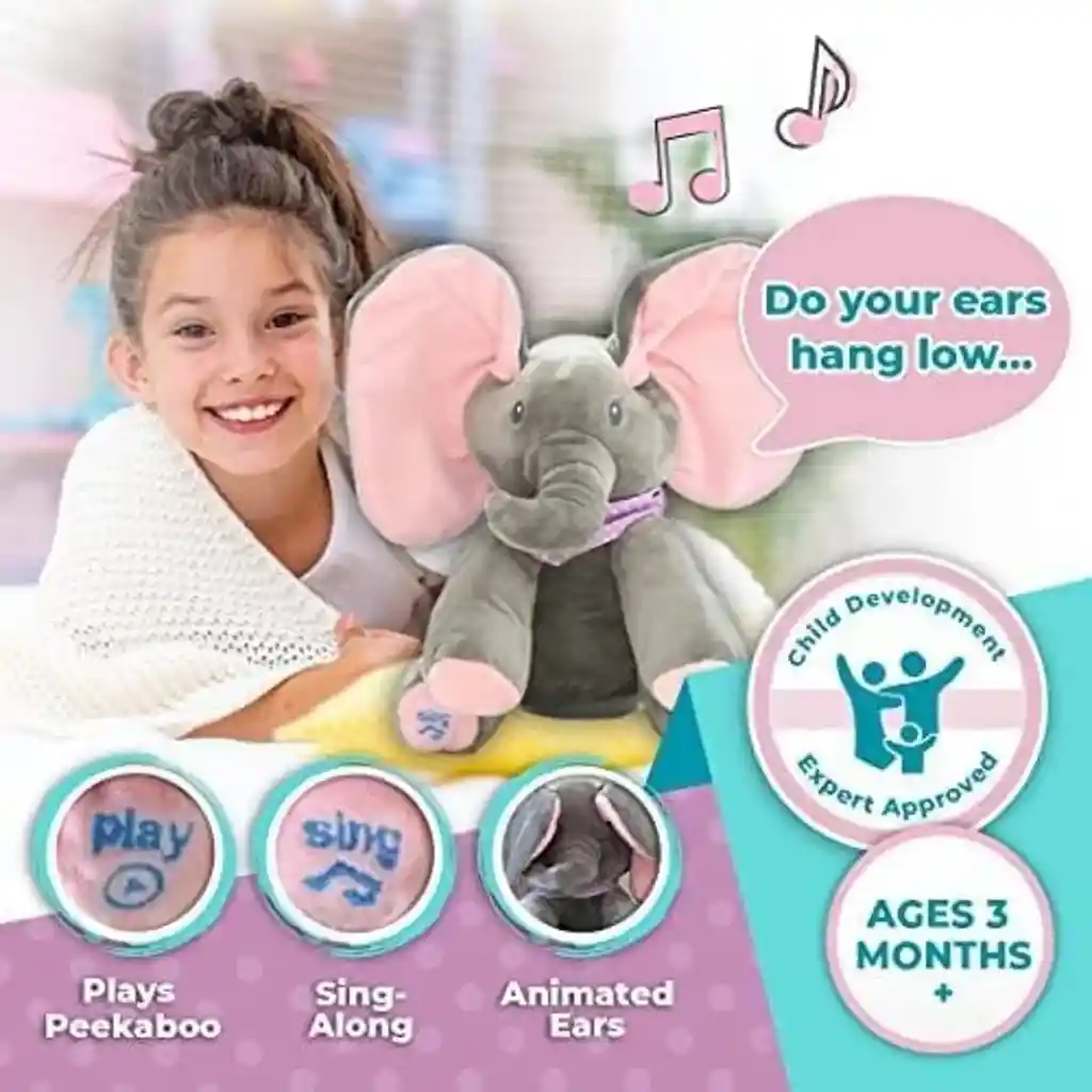 Peluche Elefante Musical Con Movimiento De Orejas