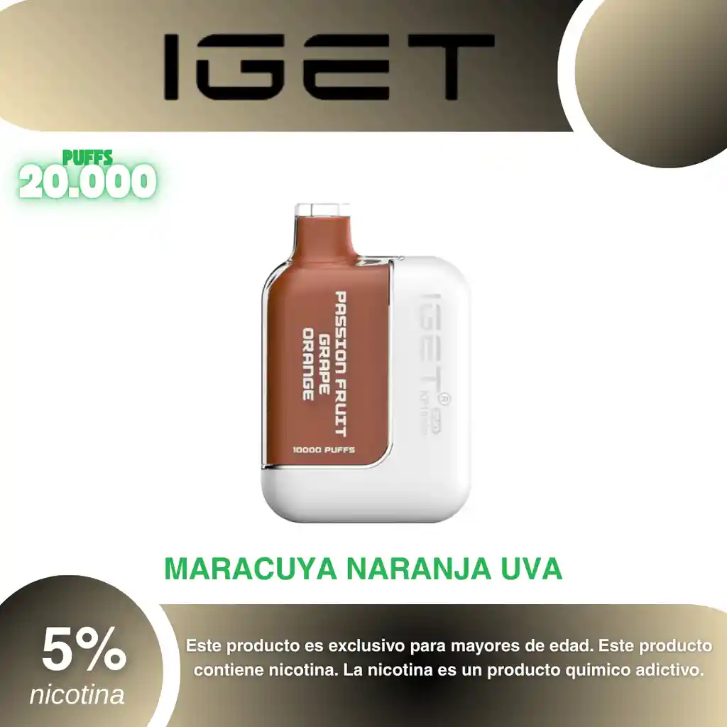 Vape Iget Bateria + Pod 20.000 Pufs, Passion Fruit Grape Orange 5%