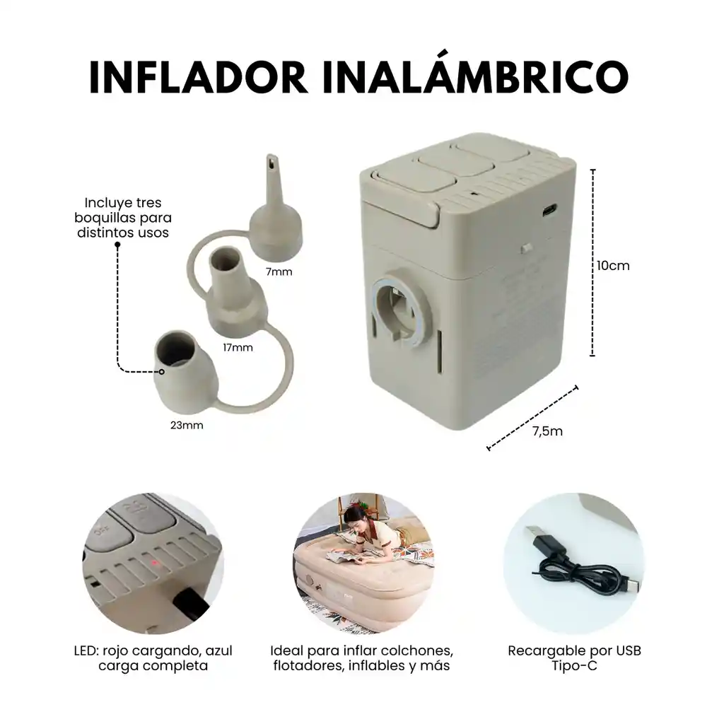 Bomba Aire Inflador Electrico Recargable Colchón Flotadores