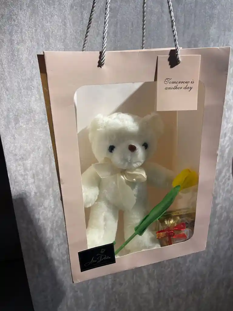Peluche Blanco Con Tulipán Amarillo Y Chocolates En Bolsa - Flores Amarillas