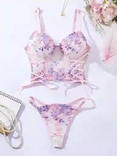 Conjunto Bordado Floral Rosa Hermoso,