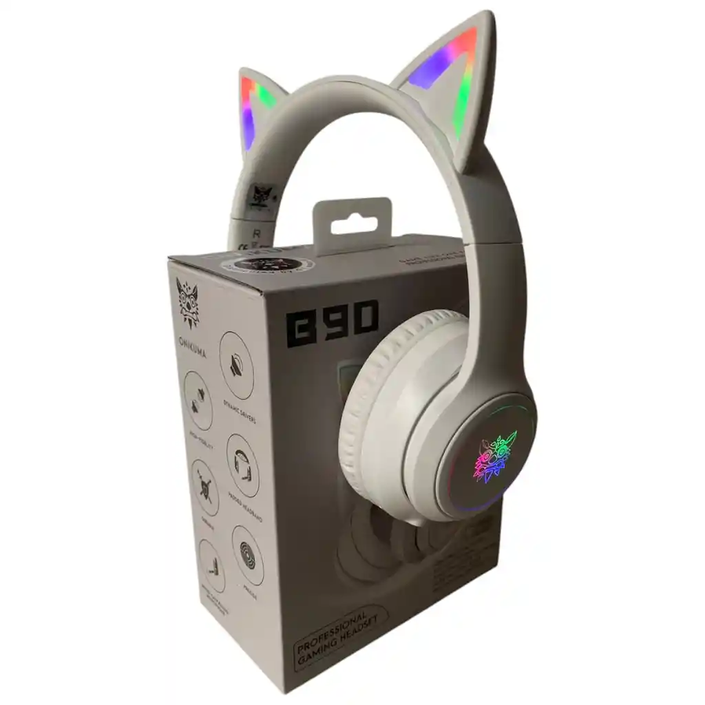 Audífonos Inalámbricos De Gato Blanco Onikuma B90 Luz Rgb