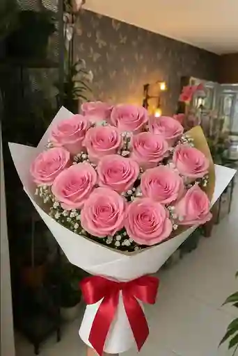Flores Bouquet 12 Rosas Rosadas