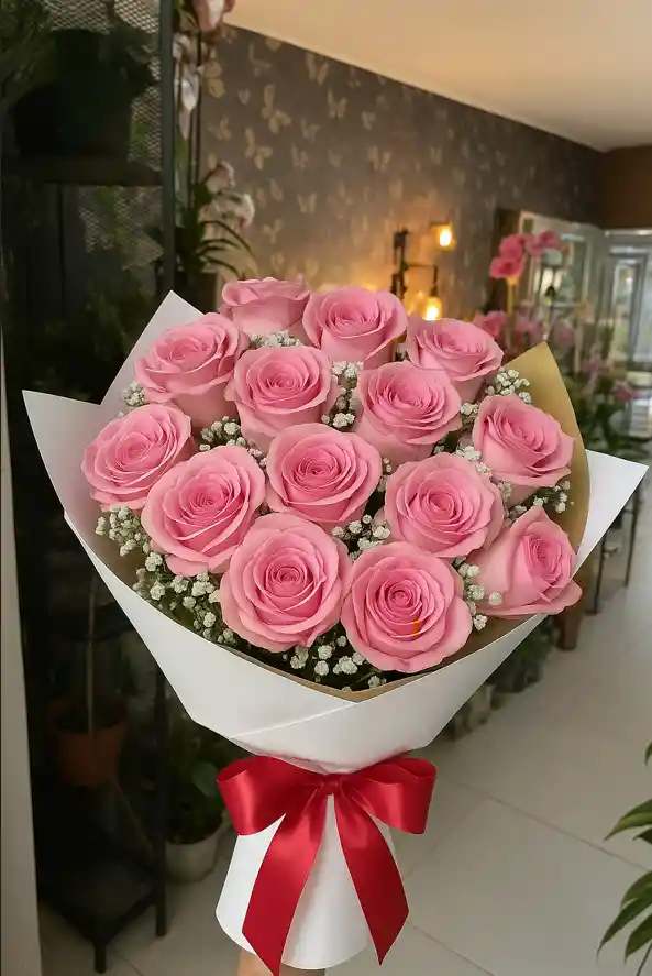 Flores Bouquet 12 Rosas Rosadas