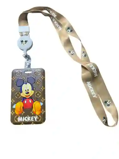 Portacarnet Con Diseño De Mickey Mouse, Con Cuerda Beige Personalizada Con Estampado De Mickey, Incluye Retractil Para Fácil Acceso