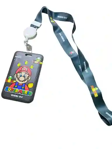 Portacarnet Con Diseño De Super Mario Bros, Con Cuerda Negra Personalizada Con Texto "mamma Mia", Incluye Retractil Para Facilitar El Uso