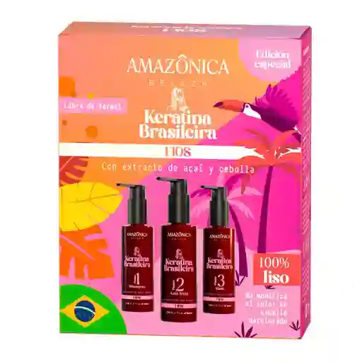 Amazonica Keratina Brasilera Fios, Alisado Sin Formol Con Cisteína + Açaí & Cebolla, Efecto Liso, Brillo Espejo Y Suavidad Duradera 125 Ml