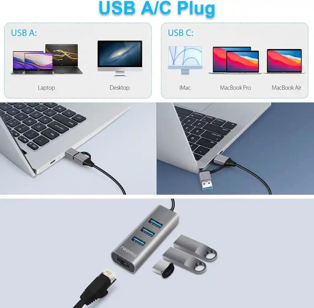 Hub Usb 3.0 Y Tipo C Adaptador Rj45 Ethernet Lan Gigabit