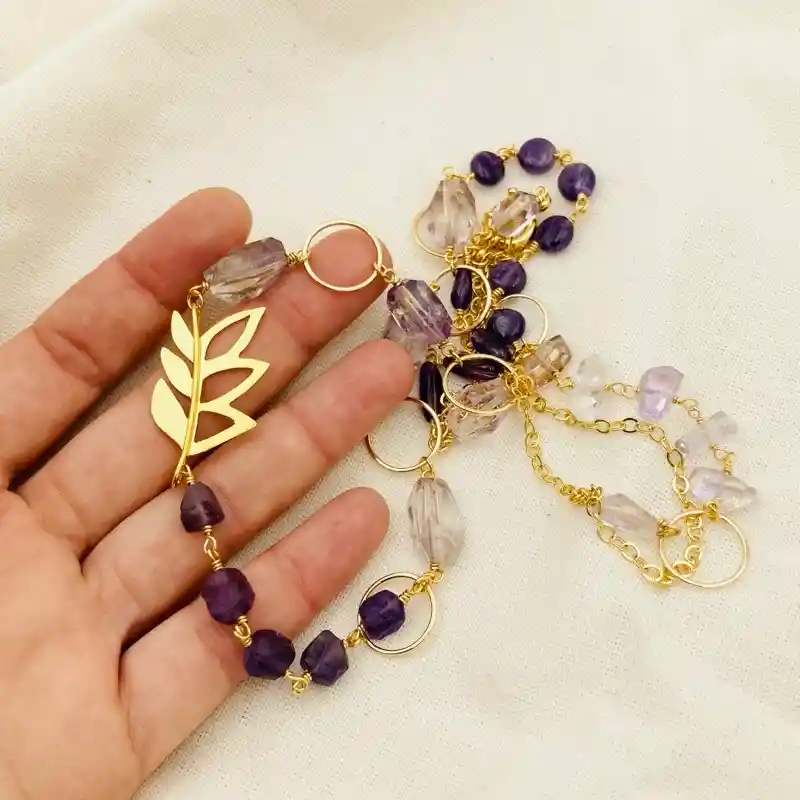Collar Amatista Y Hojas Doradas