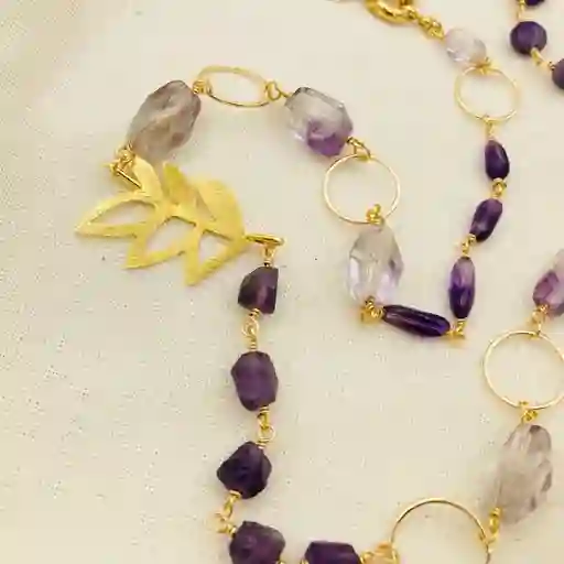 Collar Amatista Y Hojas Doradas