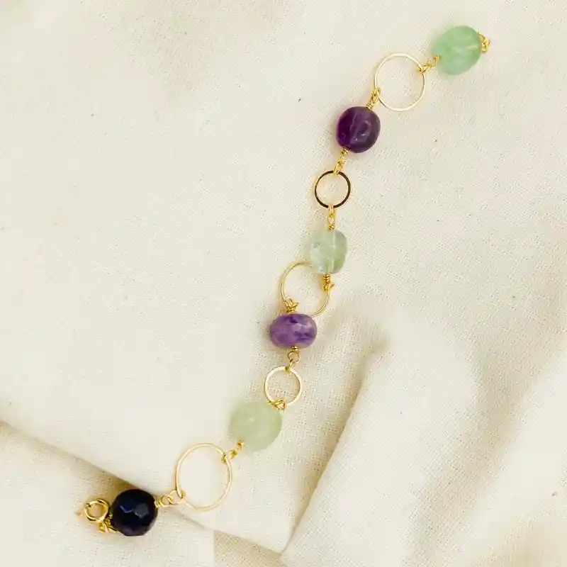 Pulsera Piedras Naturales Y Argollas Doradas