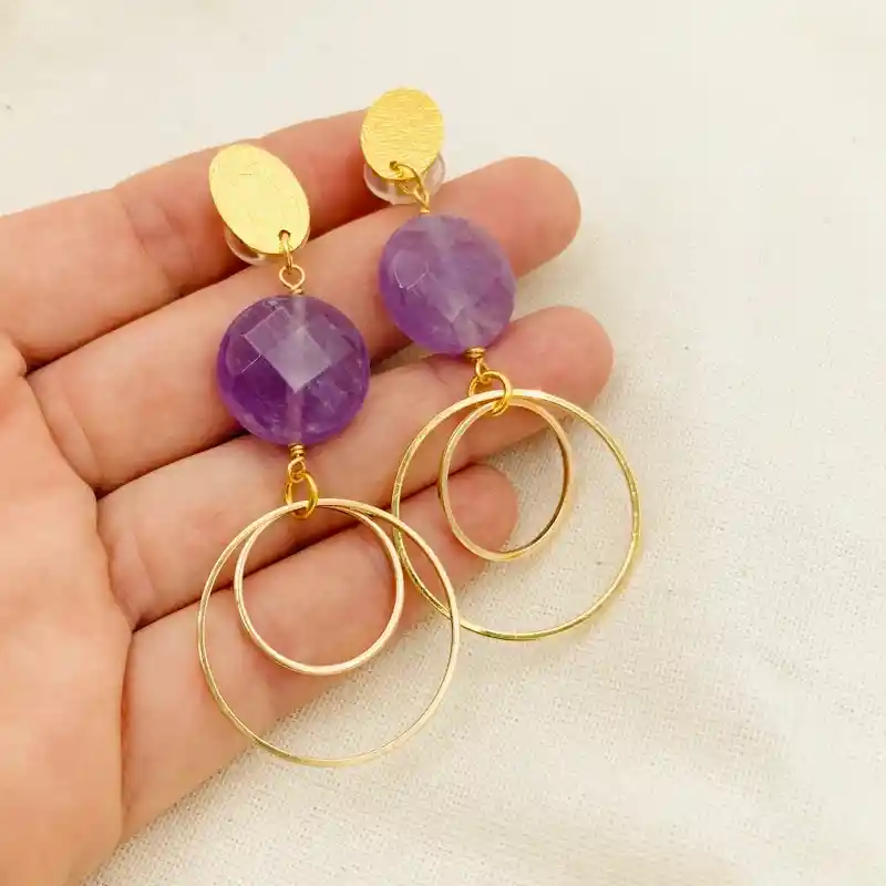 Aretes Largos Con Piedra Amatista