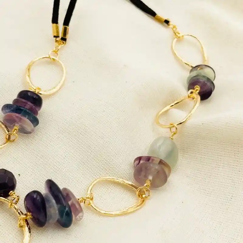 Collar Fluorita Chips Y Argollas Doradas