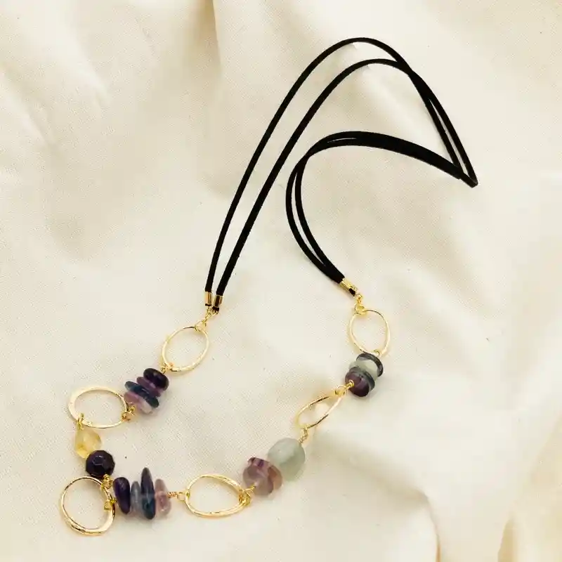 Collar Fluorita Chips Y Argollas Doradas