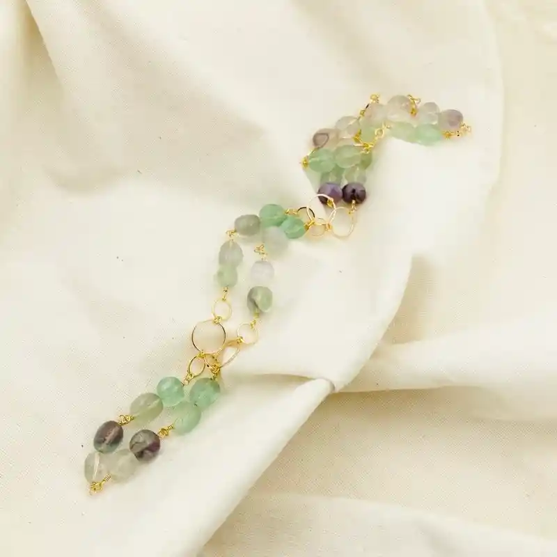 Collar Largo Dorado Con Piedras Fluorita