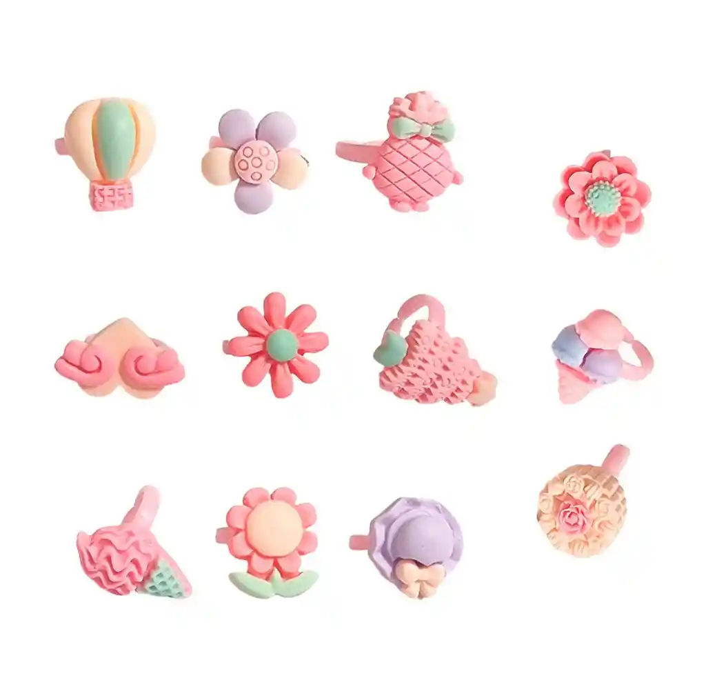 Set De Anillos Ajustables Juguete Niñas Figuras + Estuche