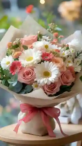 Bouquet Romántico De Rosas Y Margaritas Gerbera