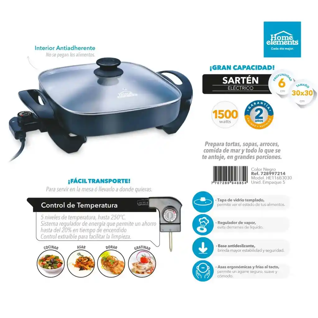 Sartén Eléctrico Cuadrado Home Elements - Negro Antiadherente
