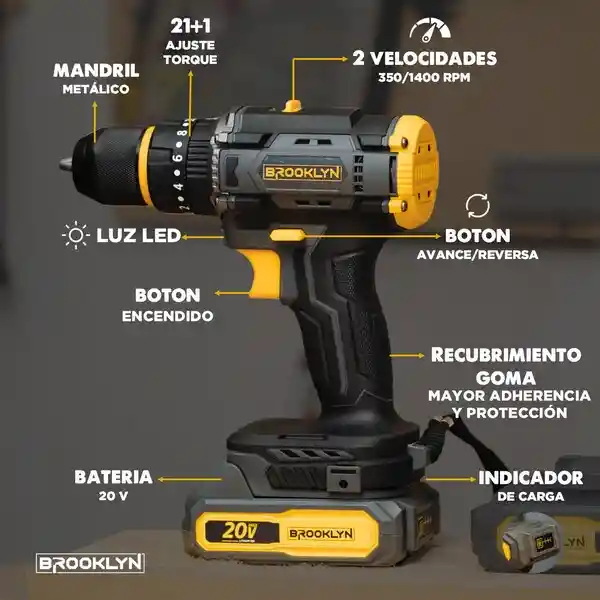 Taladro Percutor Brooklyn Inalambrico 50/60 Hz + 2 Bate 20v