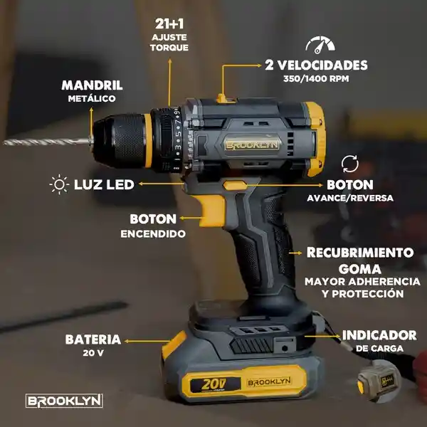 Taladro Atornillador Brooklyn Inalambrico 50/60 Hz + 2 Bat 20v