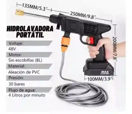 Hidrolavadora Portátil Inalámbrica 2 Baterias 48v Recargable