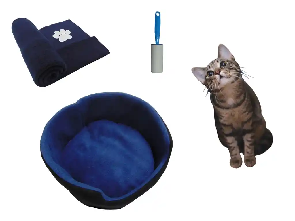Cama Para Gatos Grande + Cobija Grande + Quitamotas Azul Oscuro