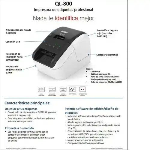 Impresora De Etiquetas Térmica Directa Brother Ql800 Usb Blanco/negro