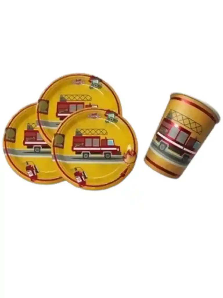 10 Platos 10 Vasos Desechables Fiesta Bombero Fuego Fire
