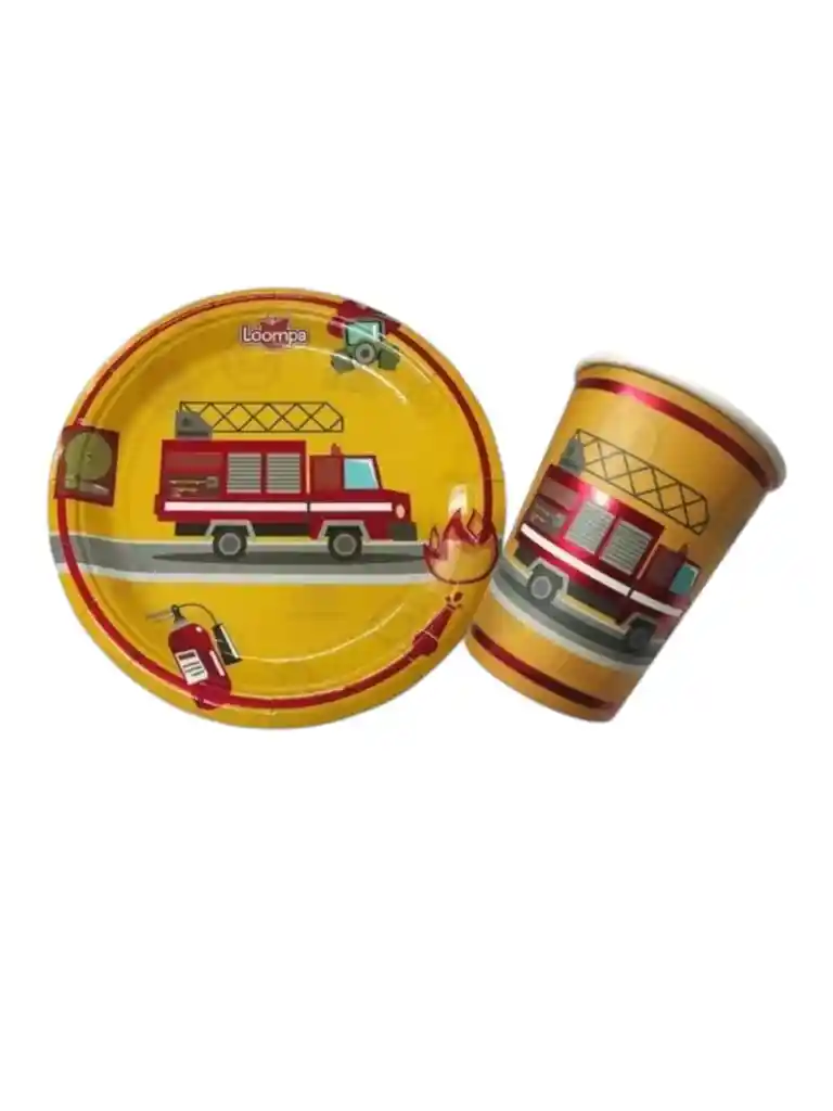 10 Platos 10 Vasos Desechables Fiesta Bombero Fuego Fire