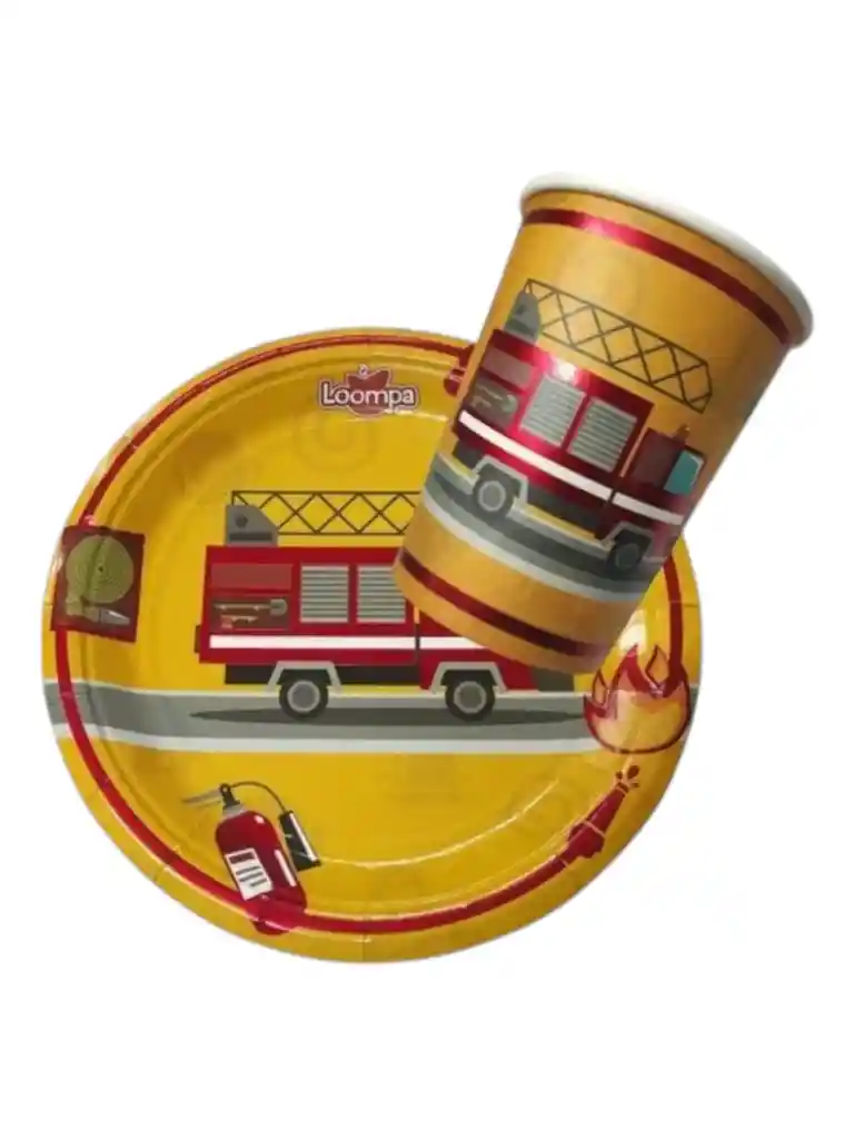 10 Platos 10 Vasos Desechables Fiesta Bombero Fuego Fire