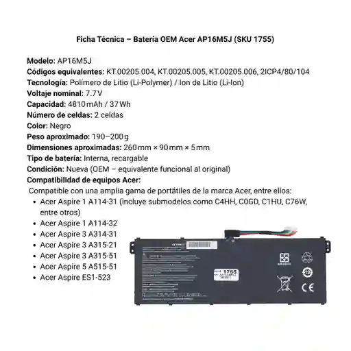 Bateria Oem Para Acer Ap16m5j
